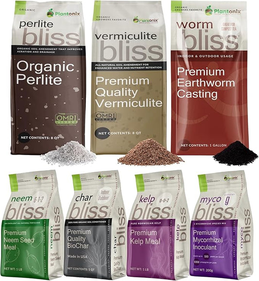 Plant Fertilizer & Potting Soil Mix Bundle - Perlite + Vermiculite + Mycorrhizal Fungi Inoculant + Worm Castings + Biochar + Kelp Meal + Neem Seed Meal - Organic Fertilizers for Plants & Gardening