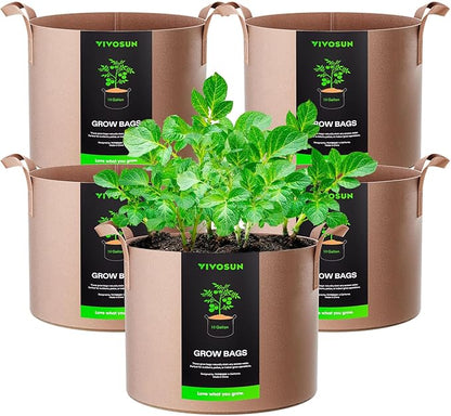 VIVOSUN 5-Pack 10 Gallons Grow Bags Heavy Duty Thickened Nonwoven Fabric Pots with Strap Handles Tan