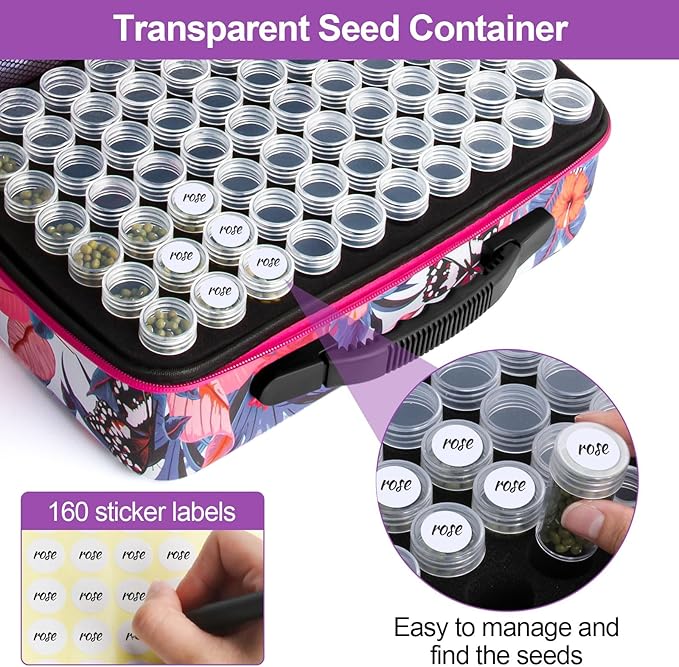 Seed Storage Organizer 140 Slots Seed Organizer Storage Box, Portable Seed Packet Organizer Box with Zipper Bag, Labels, Sorting Tray, Garden Seed Storage Container for Flower Plants