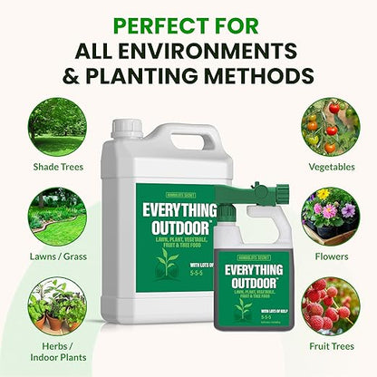 Humboldts Secret Everything Outdoor Plant Food | 5-5-5 Liquid Fertilizer with Norwegian Kelp | All Purpose Lawn, Vegetable & Fruit Food | Garden Nutrients | Refillable Hose End Bottle | 2.5 Gallon