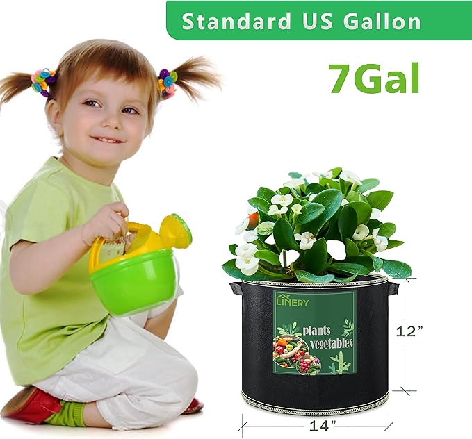 LINERY 15-Pack 7 Gallon Planting Grow Bag Black Heavy Duty Thickened Grow Bags Upgrade Hemming Process Grow Bag with Handles Non-Woven Fabric Plant Pots【15-7G】