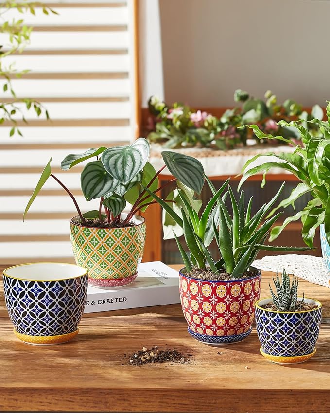 Ceramic Plant Pots, 4.9 Inch Flower Pots with Drainage Hole & Saucer, Colorful Planter Pots for Houseplants, Succulent, Catus, Home Decor, Set of 4, Vibrant Colors