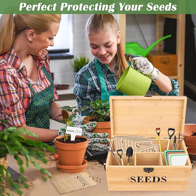 Luxiv Bamboo Seed Saving Box, Wood Seed Storage Organizer Box Large Seed Container with Lid Wood Garden Seed Bin with Lock, 3 Handle, 30P Envelope Seed Bags, 30P Plant Tags, 1 Double Side Pen