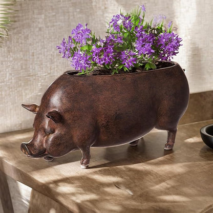 Cape Craftsmen Beautiful Springtime Classic Resin Pig Shaped Statue and Planter Pots for Indoor Plants - 14 x 5 x 6 Inches Small Planter Decoration for Homes, Apartments, Yards and Gardens