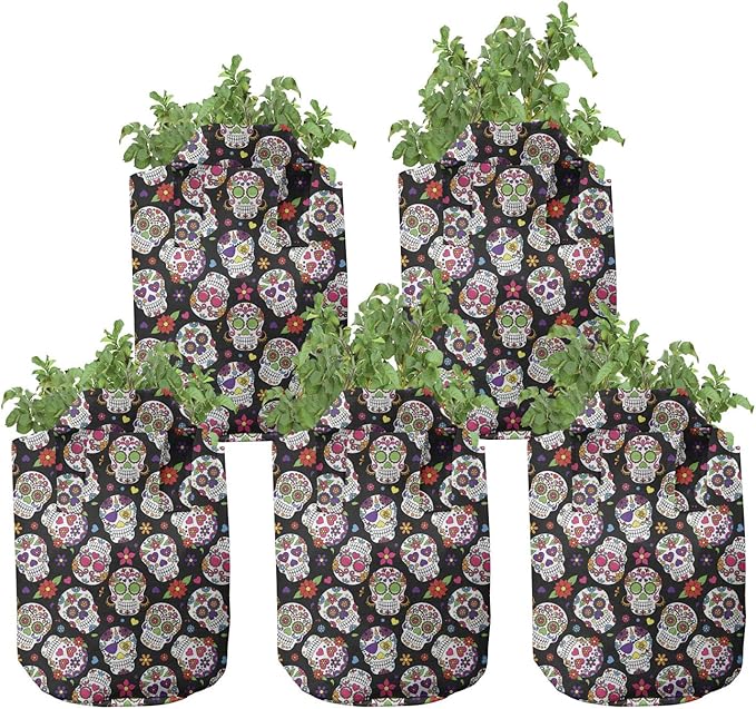 Ambesonne Colorful Grow Bags 5-Pack, Sugar Skulls Flowers, Heavyduty Fabric Pots with Handles for Plants, Black Fuchsia