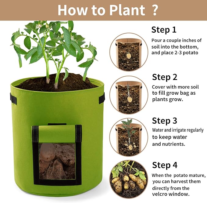 Potato Planter Bags 3-Pack 10 Gallons Grow Bags Aeration Tomato Plant Pots with Flap and Handles (Green)