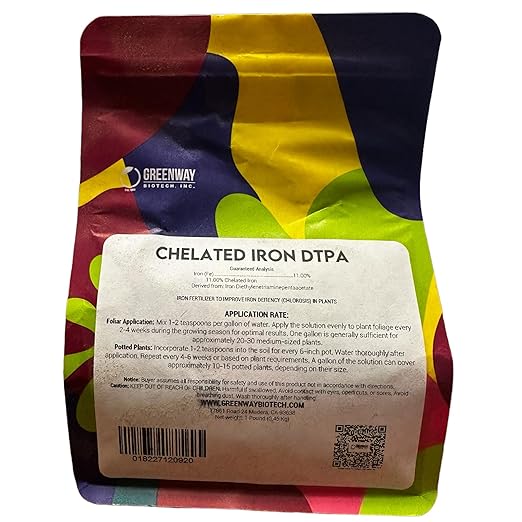 Greenway Biotech, Inc. Chelated Iron DTPA 11% - for Alkaline Soils (pH 4.0-7.5) - 100% Water Soluble Fertilizer for Citrus, Lawns & Hydroponics - Corrects Iron Chlorosis - Made in USA - 1 Pound