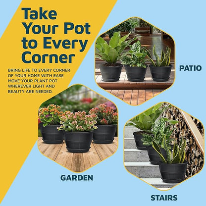 10-Inch Whiskey Barrel Planters Outdoor Pack of 5 - Durable Plastic Plant Pots for Indoor & Outdoor Use with Drainage & Saucer, Lightweight Rustic Barrel Planters for Flowers, Herbs & Small Plants