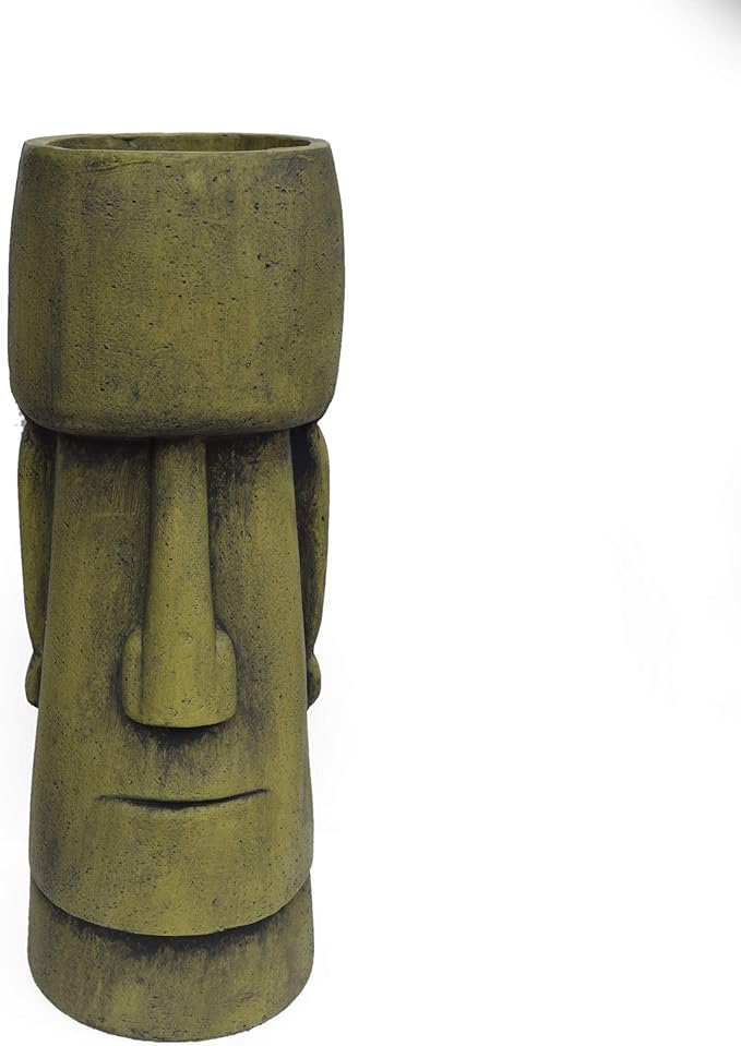 Christopher Knight Home Jorine Lightweight Concrete Planter, Cast Stone Planter, Moai Design Urn, Tall Plant Pot, Easter Island Garden Pot with Drainage Hole for Backyard Hall Garden, Antique Green