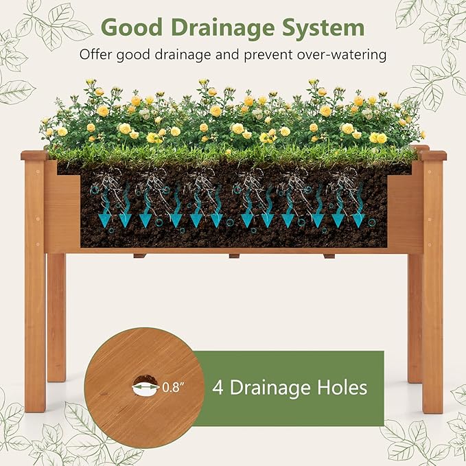 HAPPYGRILL Raised Garden Bed, Outdoor Wood Garden Box w/Legs, Drainage Holes, Black Garden Liner Fabric, Solid Wood Frame, Elevated Planter Box for Backyard Patio Balcony, 49” x 23” x 30” (L x W x H)