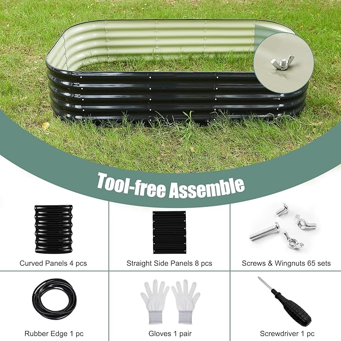 Galvanized Steel Raised Garden Bed 8x2ft Oval - 17" Tall 9-in-1 Modular Metal Planter Box for Vegetables/Flowers, Rust-Proof Outdoor Planters with Rubber Edge (Black)