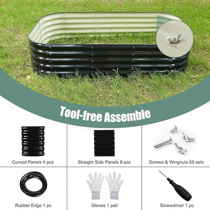 Galvanized Steel Raised Garden Bed 8x2ft Oval - 17" Tall 9-in-1 Modular Metal Planter Box for Vegetables/Flowers, Rust-Proof Outdoor Planters with Rubber Edge (Black)