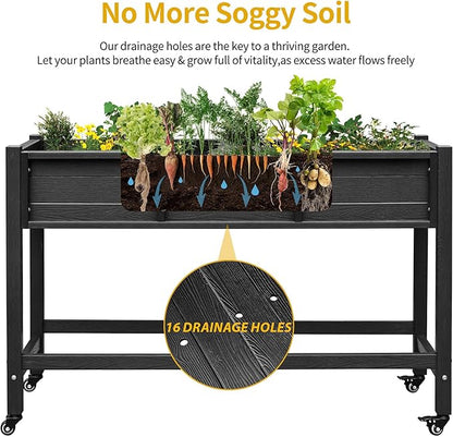 DWVO 47x18x31in Raised Garden Bed HDPE, Weather-Resistant Poly Wood Planter Box Stand, Planter Box with Legs & Lockable Wheels, Elevated Garden Bed for Backyard Patio Balcony - Black