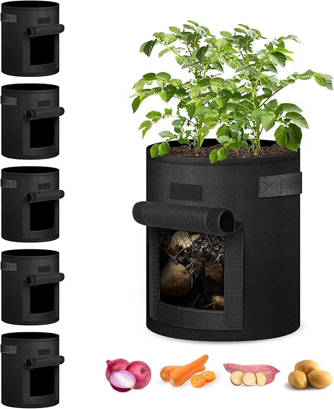 iPower 5 Pack 7 Gallon Potato Grow Bags with Flap, Garden Planting Nonwoven Fabric Pots with Reinforced Handle, Heavy Duty and Aeration Planter Pot for Tomato, Fruits, Vegetables and Flowers, New