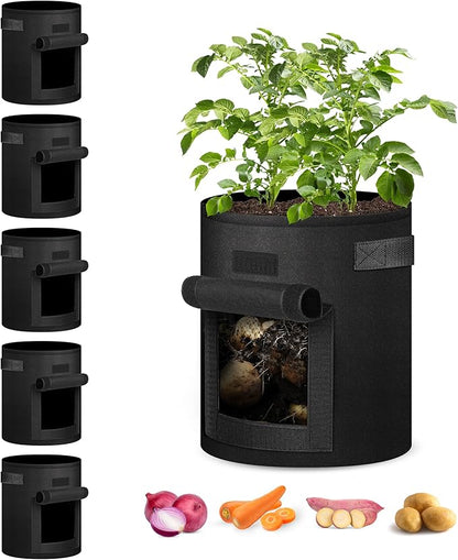 iPower 5 Pack 7 Gallon Potato Grow Bags with Flap, Garden Planting Nonwoven Fabric Pots with Reinforced Handle, Heavy Duty and Aeration Planter Pot for Tomato, Fruits, Vegetables and Flowers, New