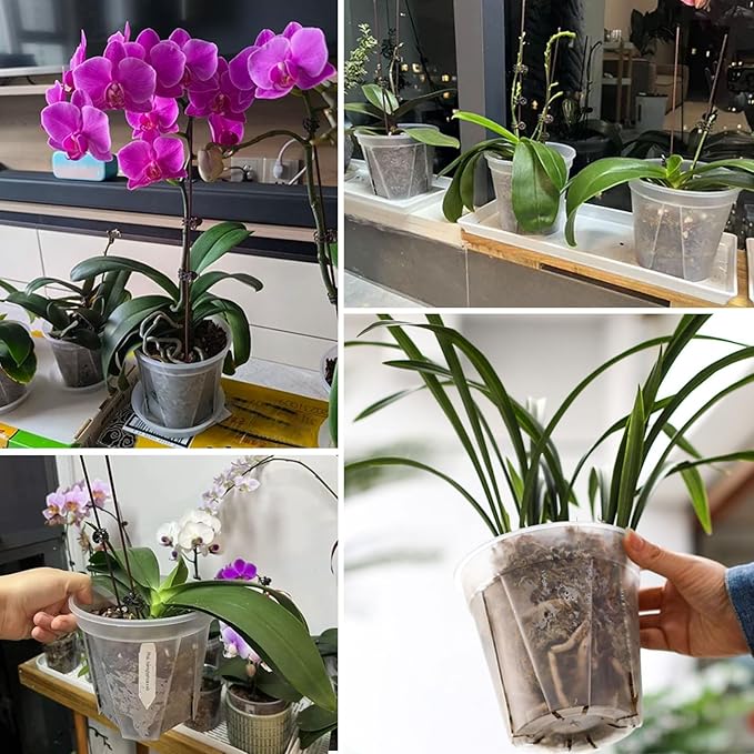 Plant Pots 7 inch Set of 3, Clear Plastic Nursery Pots with Drainage Holes and Saucers, Flowers Planter Pots for Indoor Outdoor Plants