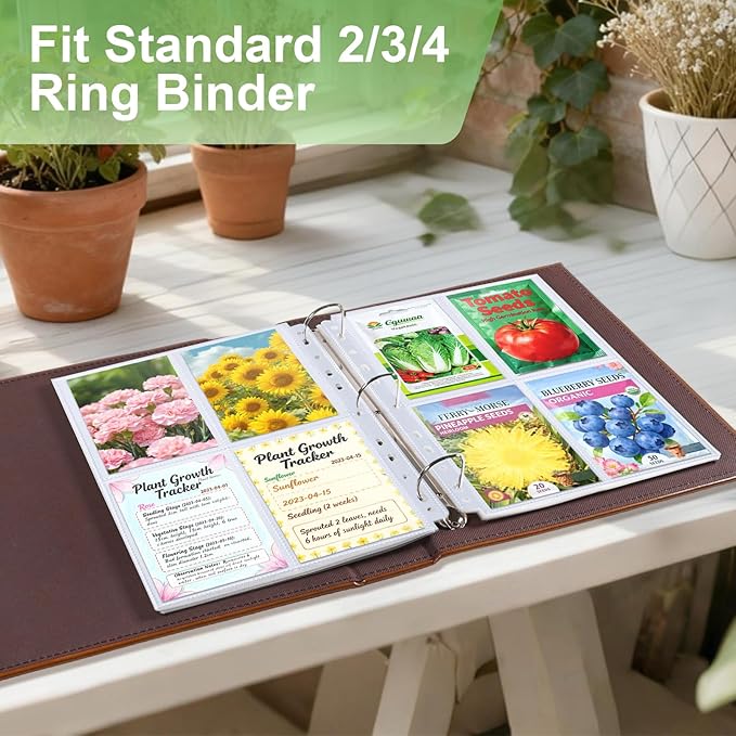 480 Pockets 3.5x5” Seed Packet Sleeves, 60 Pack Double Sided 4 Pocket Seed Organizer Sheet,Heavy Duty Garden Seeds Storage Pages for 3 Ring Binder, 8.5x11” Top Loading Clear Photo, Index Card Sleeves