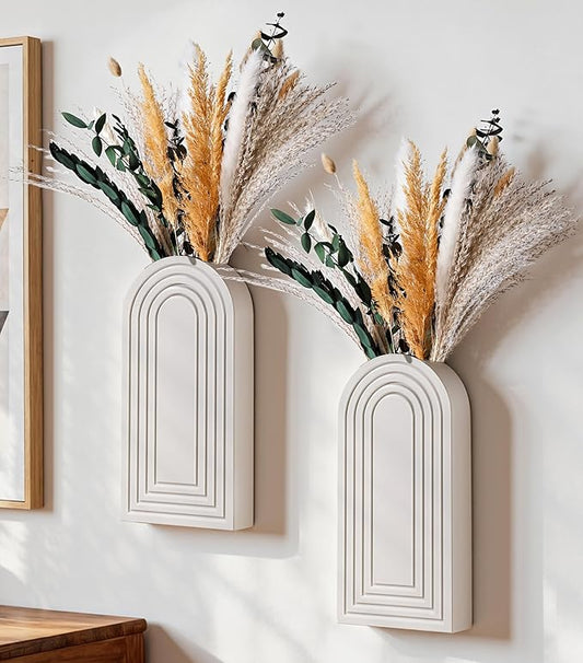 DREAMLOOM 2 Pack Wooden Wall Vases with Dried Pampas Grass and Eucalyptus Plants, Wall Hanging Planters Boho Modern Farmhouse Indoor for Narrow Spaces Entryway Bathroom Home Office Decoration, White