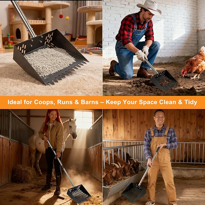 Chicken Poop Scooper and Rake – 2-in-1 Heavy Duty Metal Litter Sifter with Serrated Head & Long Mesh, Adjustable Handle for Effortless Coop Cleaning in Sand, Ideal for Chicken and Duck