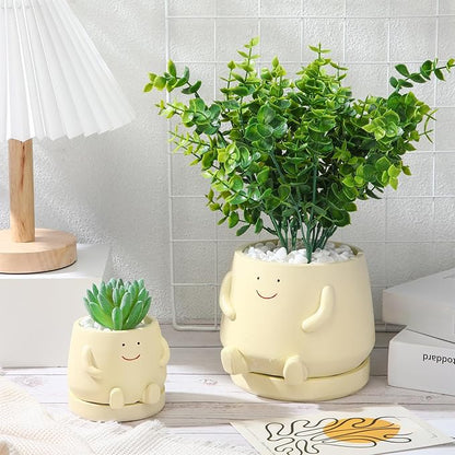2 Pcs Smile Face Planters Pots with Drainage Hole, 6'' Head Planters 3.6'' Cute Resin Flower Pot for Indoor Plants, Succulent Pots for Plant Lover Gift(Face)