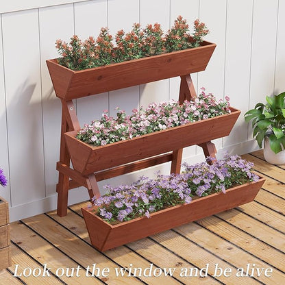 3-Tiers Wooden Raised Garden Bed,Wood Planter Box for Vegetable,Flower Rack,Flower Pot Stands,Indoor Outdoor Gardening Planting Beds (Brick red, Large)
