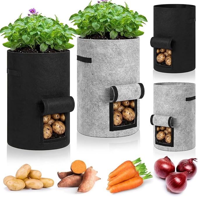 4 Pack 30 Gallon Potato Grow Bags with Harvest Window, Durable Garden Planter Bags with Handles for Potatoes, Tomatoes, and Vegetables - Indoor & Outdoor Gardening Supplies (Black,Gray)