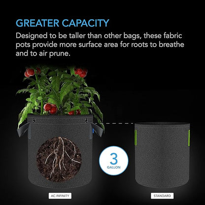 AC Infinity Heavy Duty Fabric Pots, 3 Gallon Aeration Reusable Grow Bags 5-Pack with 500G Thick Nonwoven Fabric and Multi-Purpose Rings, for Low Stress Plant Training Fruits, Vegetables, and Flowers