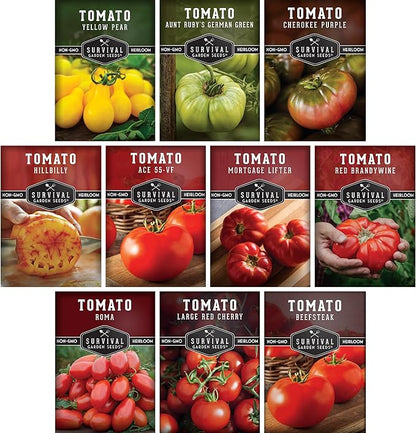 Tomato Seeds 10 Variety Pack for Planting - Roma, Cherry, Aunt Ruby's Green, Orange Cherry, Mortgage Lifter, Brandywine, & More - Non-GMO Heirloom Tomatoes - Survival Garden Seeds