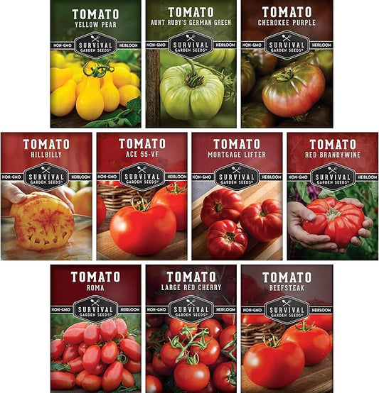 Tomato Seeds 10 Variety Pack for Planting - Roma, Cherry, Aunt Ruby's Green, Orange Cherry, Mortgage Lifter, Brandywine, & More - Non-GMO Heirloom Tomatoes - Survival Garden Seeds