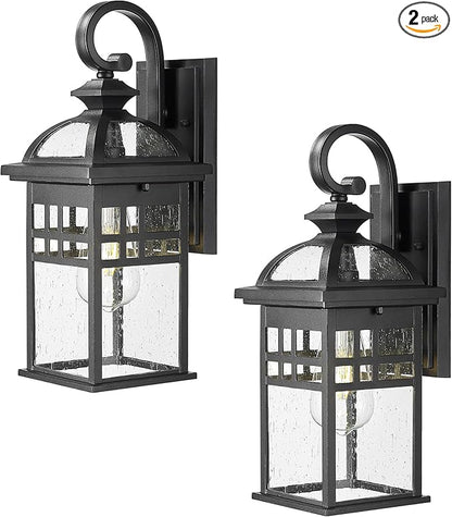 Emliviar 2 Pack Outdoor Light Fixtures Wall Mount, 15" Modern Outdoor Sconce Lights for House, Black Finish with Seeded Glass, DE281-2PK BK