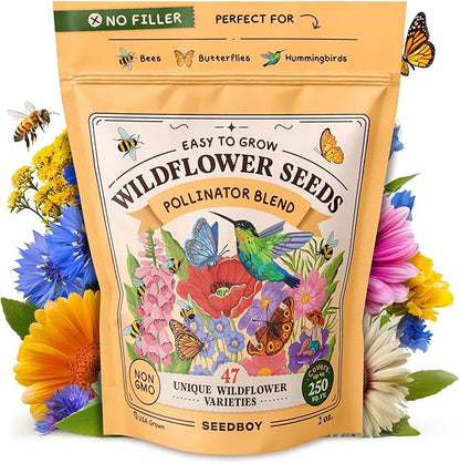 Seedboy Wildflowers for Pollinators Seed Mix – 2 oz Bulk Wildflower Seeds - 40,000+ Non-GMO Seeds for Bees Butterflies Hummingbirds – 47 Varieties of Annual & Perennial Wild Flowers for Planting (2oz)