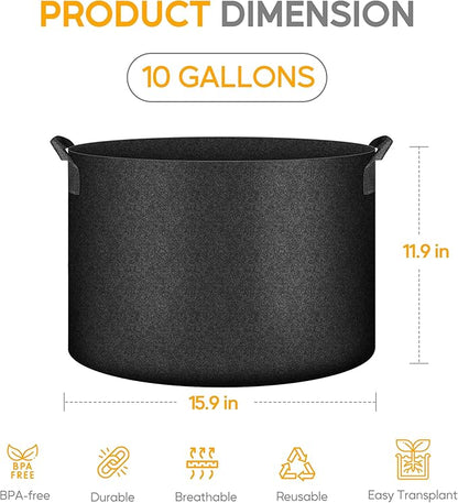 YSSOA 10-Pack Fabric Grow Bags 10 Gallon with Pruner, 300G Thickened Nonwoven Plant Growing Pots with Handles, Planting Bags for Vegetables, Black