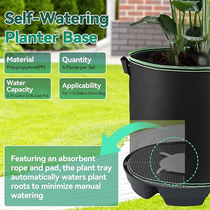 OTraki 4-Pack Self Watering Fabric Pot Base, Auto Watering System for 5 Gallon Fabric Pots, Plastic Plant Saucer Stand with Watering Lip Outdoor Garden Watering Base Plant Water Tray