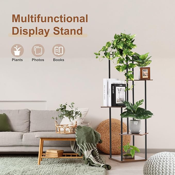 5 Tier Plant Stand Indoor Outdoor, Wood Metal Corner Shelf, Multiple Flower Pot Rack Holder Shelves, Planter Shelf Display Storage Organizer for Patio Living Room Balcony (Black)