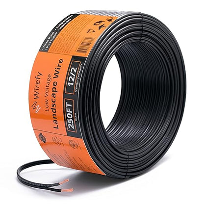 Wirefy 12/2 Low Voltage Landscape Wire 250 ft | Low Voltage Landscape Lighting Wire | Pure Copper | Outdoor Direct Burial | 12-Gauge 2-Conductor 250 Feet | UL Listed