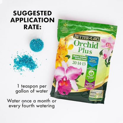 Better-Gro Orchid Plus 20-14-13 - Urea-Free Orchid Fertilizer for Vigorous Growth, Water Soluble, Nitrate Nitrogen-Rich, Ideal for Indoor Potted Plants and Tropical Plants - 16 oz Resealable Bag