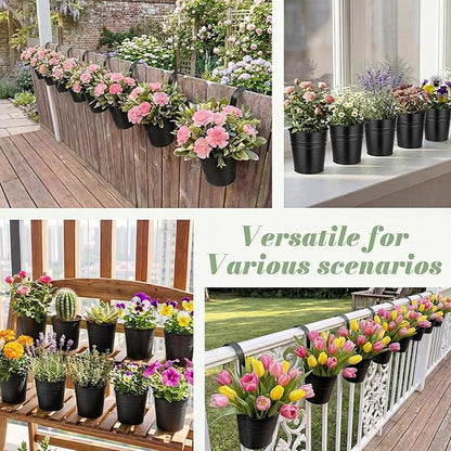 HowRU Hanging Flower Pots, Railing Planter Box for Outdoor Plants 12 Pack 5 Inch Metal Hanging Planters with Detachable Hooks Balcony Window Fence Garden Decoration Flower Boxes (Black)