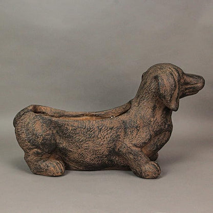 Whimsical Dachshund Dog Resin Planter: Rustic Brown Finish, Indoor-Outdoor Decor, 20 Inches Long, Weather-Resistant Succulent, Herb, and Flower Plant Pot
