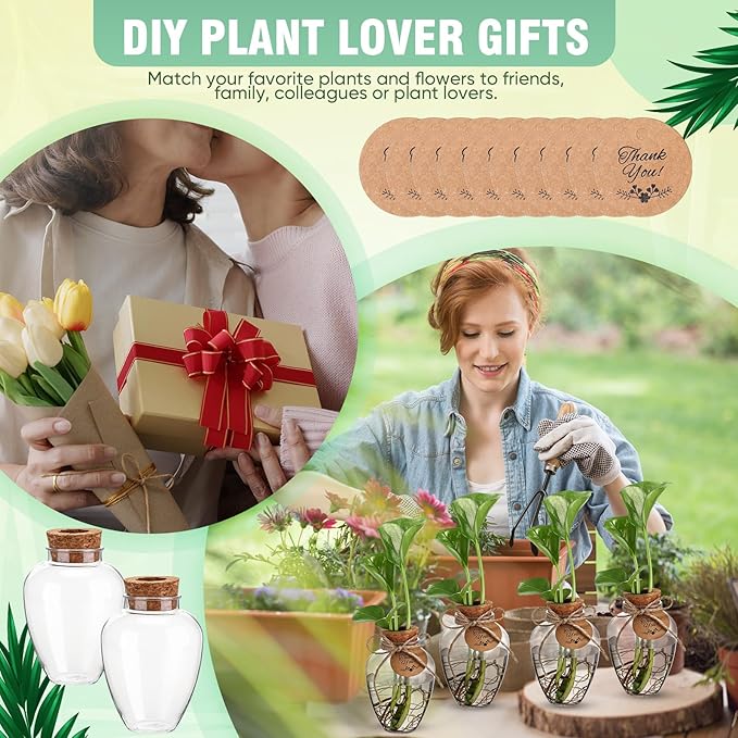 Baderke 12 Pack Big 10oz Plastic Plant Propagation Stations with Hole Lid Planter Vase Clear Propagation Jars with Thank You Tags for Plant Lover Gifts for Women Office Home Garden