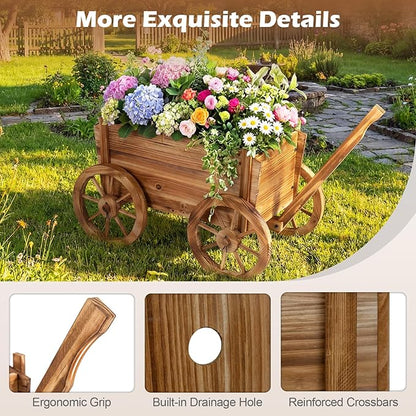 Giantex Wood Wagon Planter Set of 2, Rustic Rolling Flower Pot Stand with Wheels, Handle & Drainage Hole for Growing Vegetables Herbs, Indoor Outdoor Decorative Cart for Patio Balcony Garden