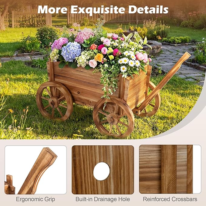 Giantex Wood Wagon Planter, Rustic Rolling Flower Pot Stand with Wheels, Handle & Drainage Hole for Growing Vegetables Herbs, Indoor Outdoor Decorative Cart for Patio Balcony Garden