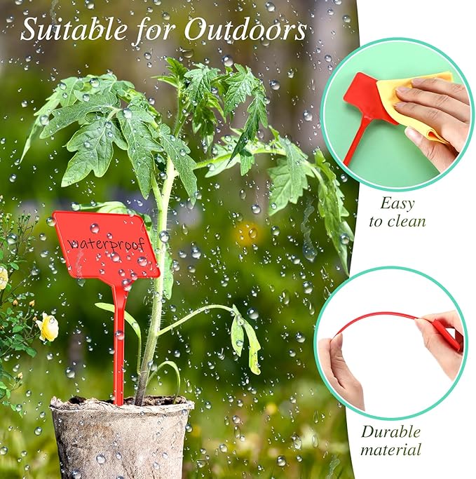 Marsui 202 Pcs Large Plant Labels Kit, Include 100 Outdoor Plastic Plant T Type Tags Waterproof Reusable Plant Markers Stakes, 100 PET Films and 2 Marker Pens for Herbs Pot(Red,6 Inch)