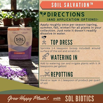 Sol Soils Sol Biotics Soil Salvation – Soil Enhancer with Microbial Booster to Enhance The Health & Vitality of Potting Mixes - Includes Worm Castings, Humic Acids & Biochar for Plants - 4oz