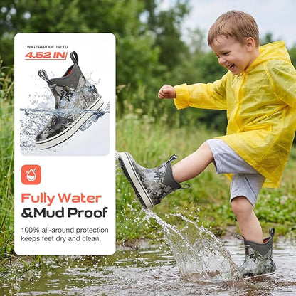 HISEA Kids Easy-On Rain Boots for Boys and Girls, Warm Waterproof Insulated Deck Boots Non-Slip Rubber Ankle Boots