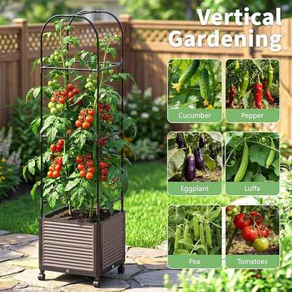 DoCred 60" H Raised Garden Bed Planter Box with Wheels, 3 Pack Tomato Cage Planter Raised Garden Bed with Trellis for Climbing Vegetables Plants Tomato Cage, Indoor Outdoor Use