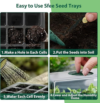 Sfee 10 Pack Seed Starter Tray Kit, 120 Cells Seedling Starter Trays with Humidity Dome and Base Greenhouse Growing Trays, Reusable Seed Germination Seedling Tray with Garden Tools Labels (Green)