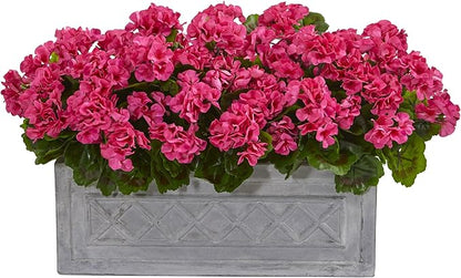 Nearly Natural 18in. Geranium Artificial Plant in Stone Planter UV Resistant (Indoor/Outdoor)
