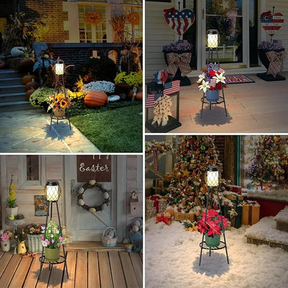 MXwcy Solar Lights Outdoor with Plant Stands 2 Pack, Solar Floor Lamp Metal Tripod Patio Lights for Garden Yard Pathway Driveway Front/Back Porch Decoration