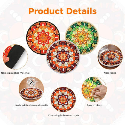 6 Pieces 7.87“ Boho Round Rubber Plant Coasters Absorbent Fabric Mats, No Smell,Non Slip Protects Surfaces, Fast Drying, for Indoor & Outdoor Plants or Pots.