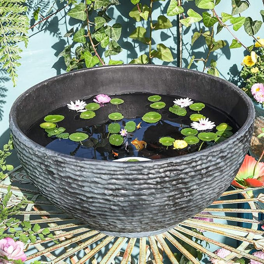 Sungmor Large Garden Bowl Planter Water Plant Pot, Miniature Landscaping Succulent Planter, 15.6 Inch Marble Texture Water Lily Pots, Small Fountain Base Mini Fish Pond Bird Bath